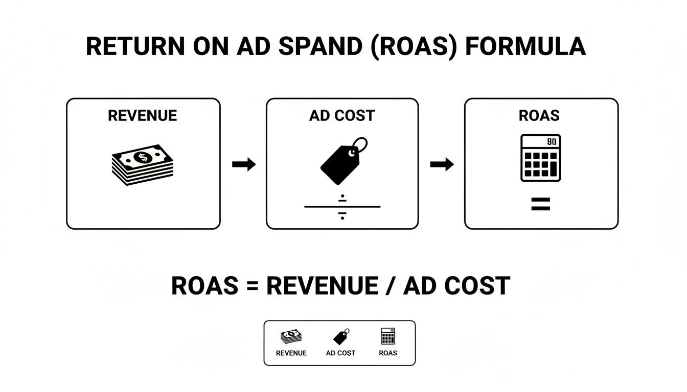 Diagram illustrating the Return On Ad Spend (ROAS) formula: Revenue divided by Ad Cost.