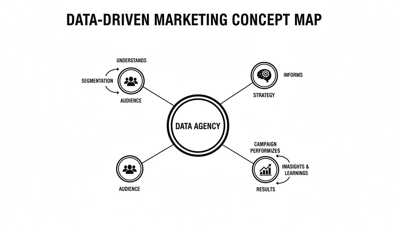 Concept map illustrating a data-driven marketing agency's process, connecting audience, strategy, and results through insights.