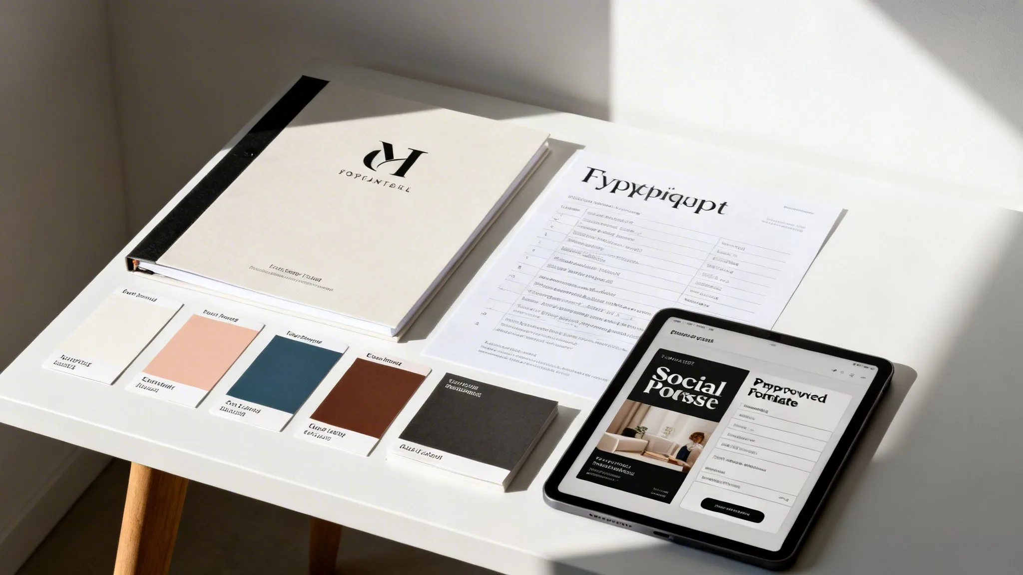 A flat lay of franchise marketing materials: a binder, color swatches, a document, and a tablet displaying a website.