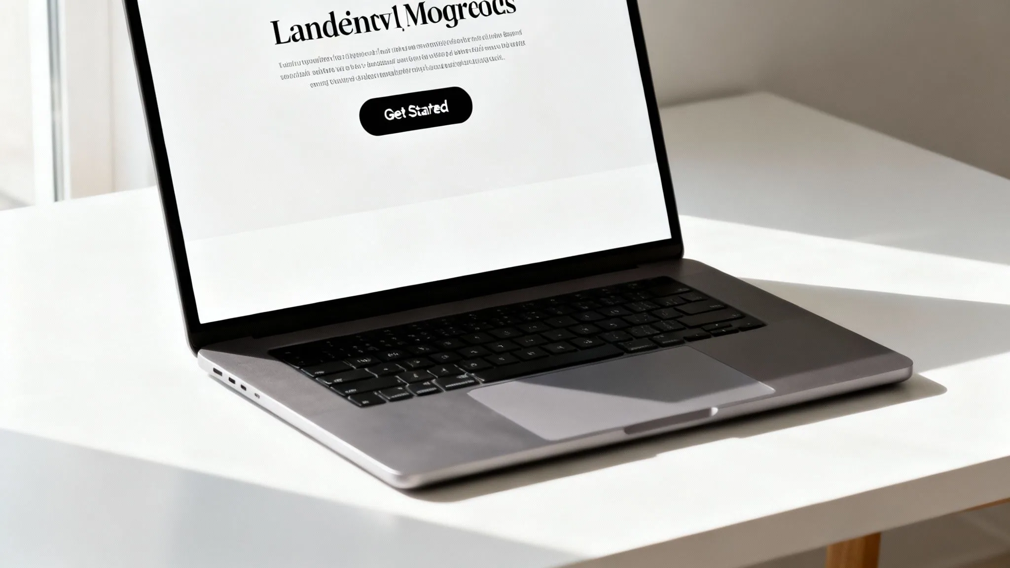 A sleek laptop displaying a website with 'Get Started' button on a clean white desk.