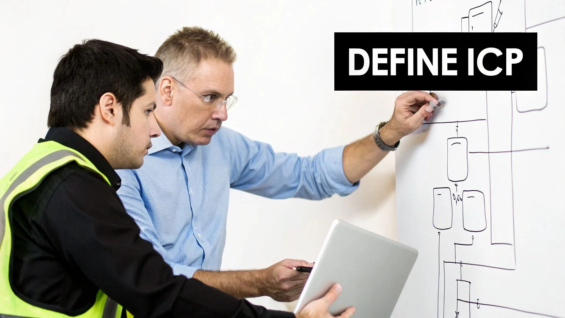 Two professionals collaborating, one drawing on a whiteboard with diagrams, the other reviewing a laptop.