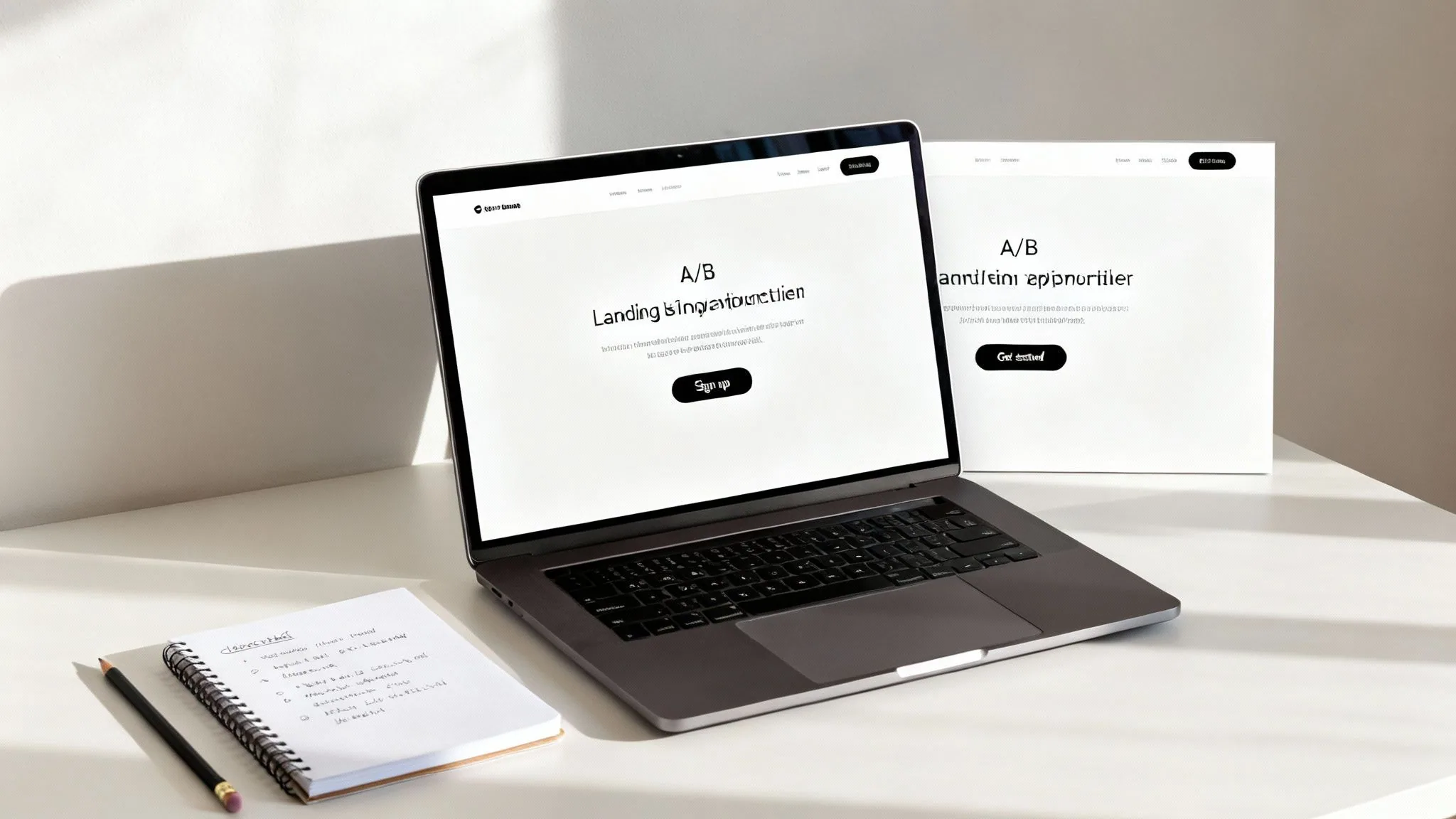 A laptop and a vertical display show different A/B test landing page designs on a clean white desk.