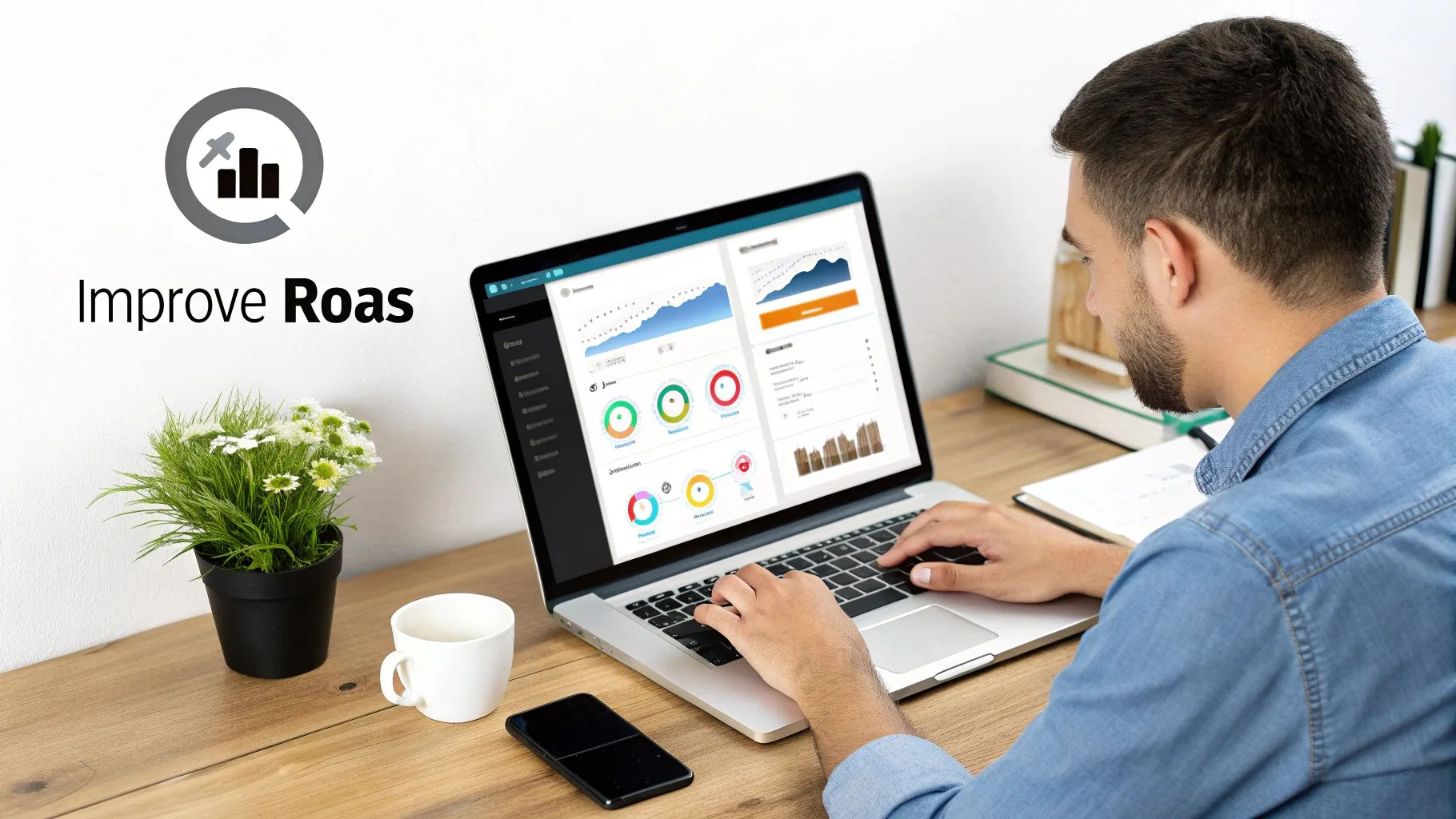 Man using a laptop with a dashboard displaying marketing analytics, with 'Improve Roas' text and logo.