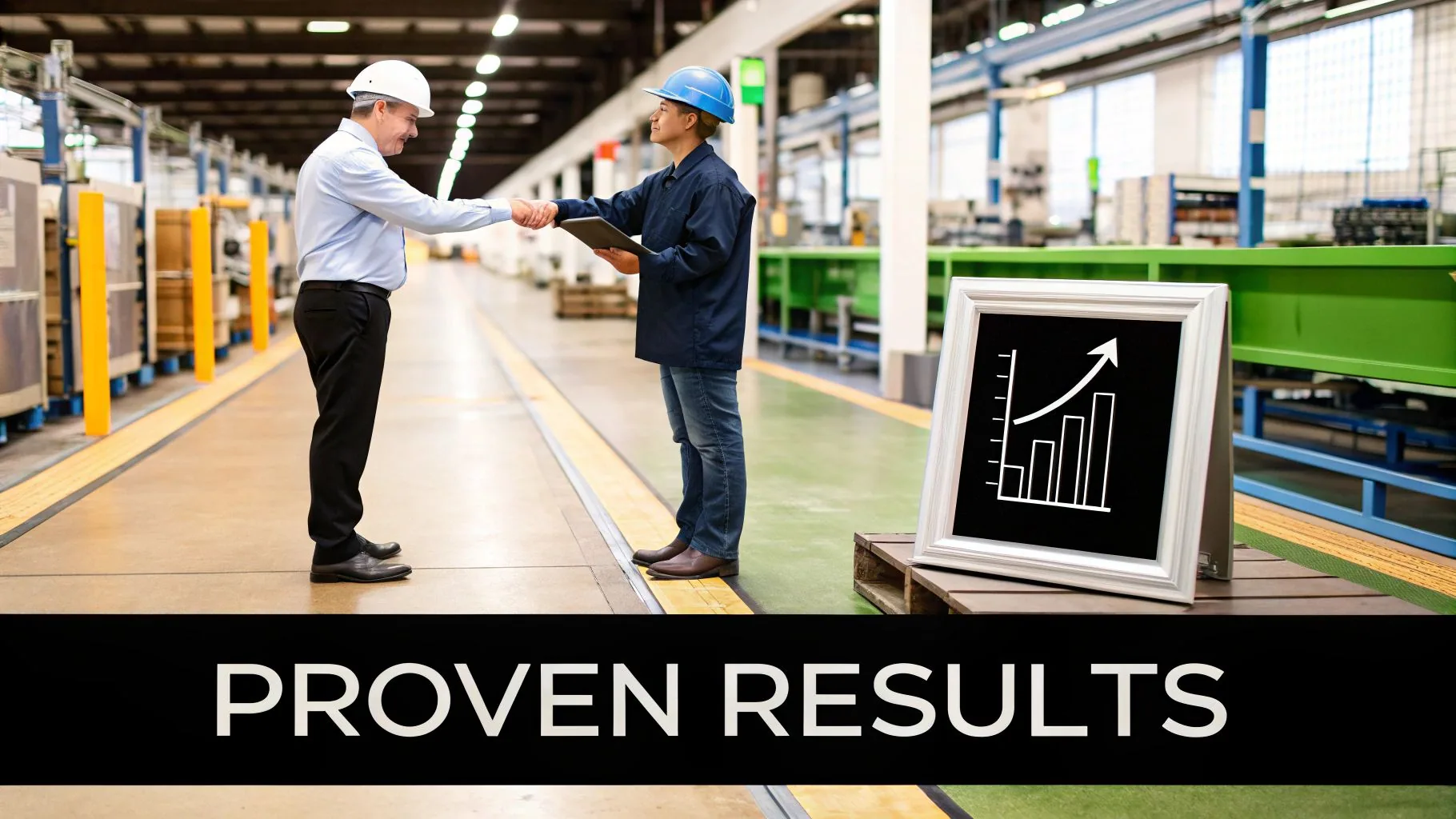 Two men in a factory shake hands, with a sign showing an upward-trending graph for proven results.