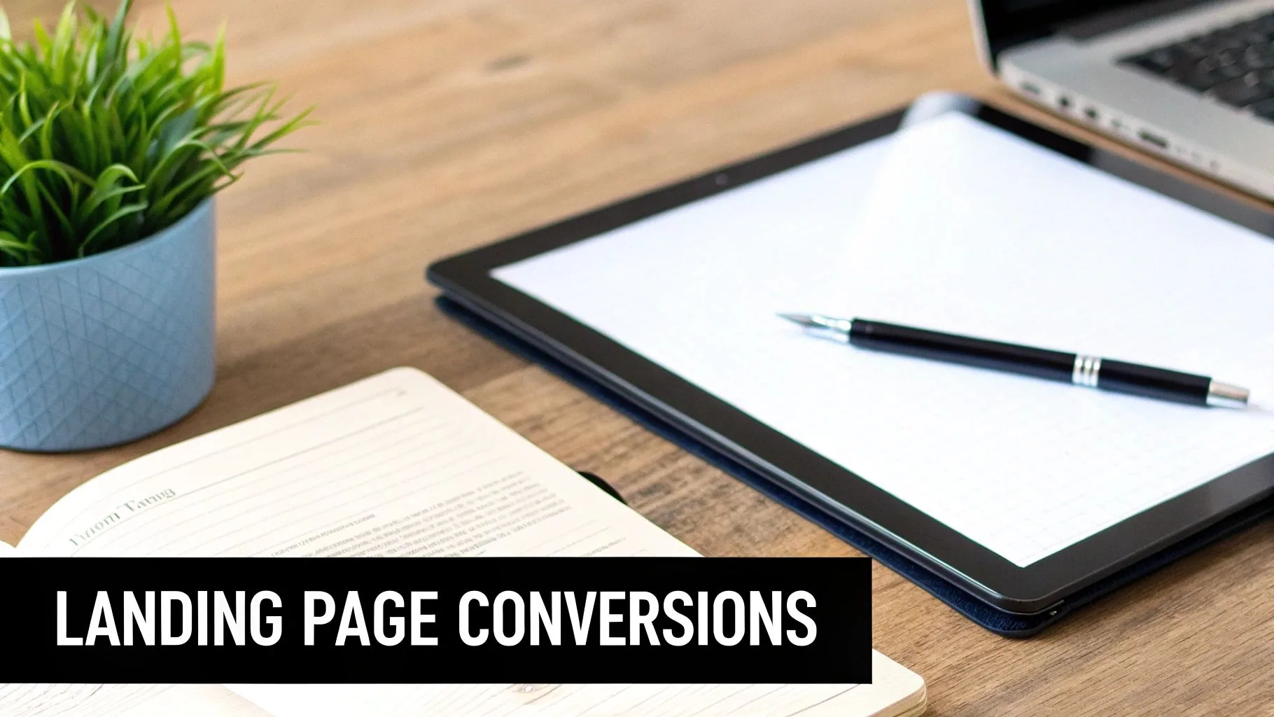 A workspace flat lay featuring a potted plant, open notebook, tablet with a pen, and part of a laptop, with text 'LANDING PAGE CONVERSIONS'.