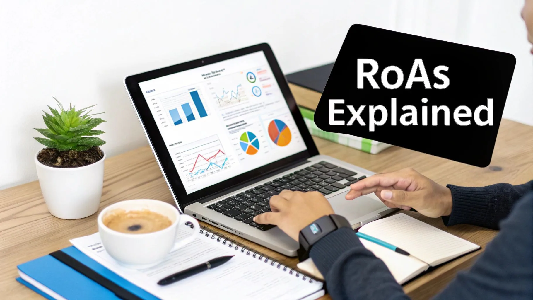 Person's hands on a laptop displaying marketing analytics charts, with 'RoAs Explained' text overlay.