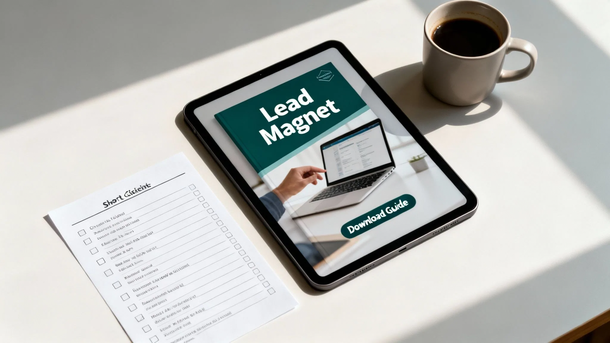 Tablet displaying a 'Lead Magnet' e-book cover, a 'Short Content' checklist, and coffee on a desk.