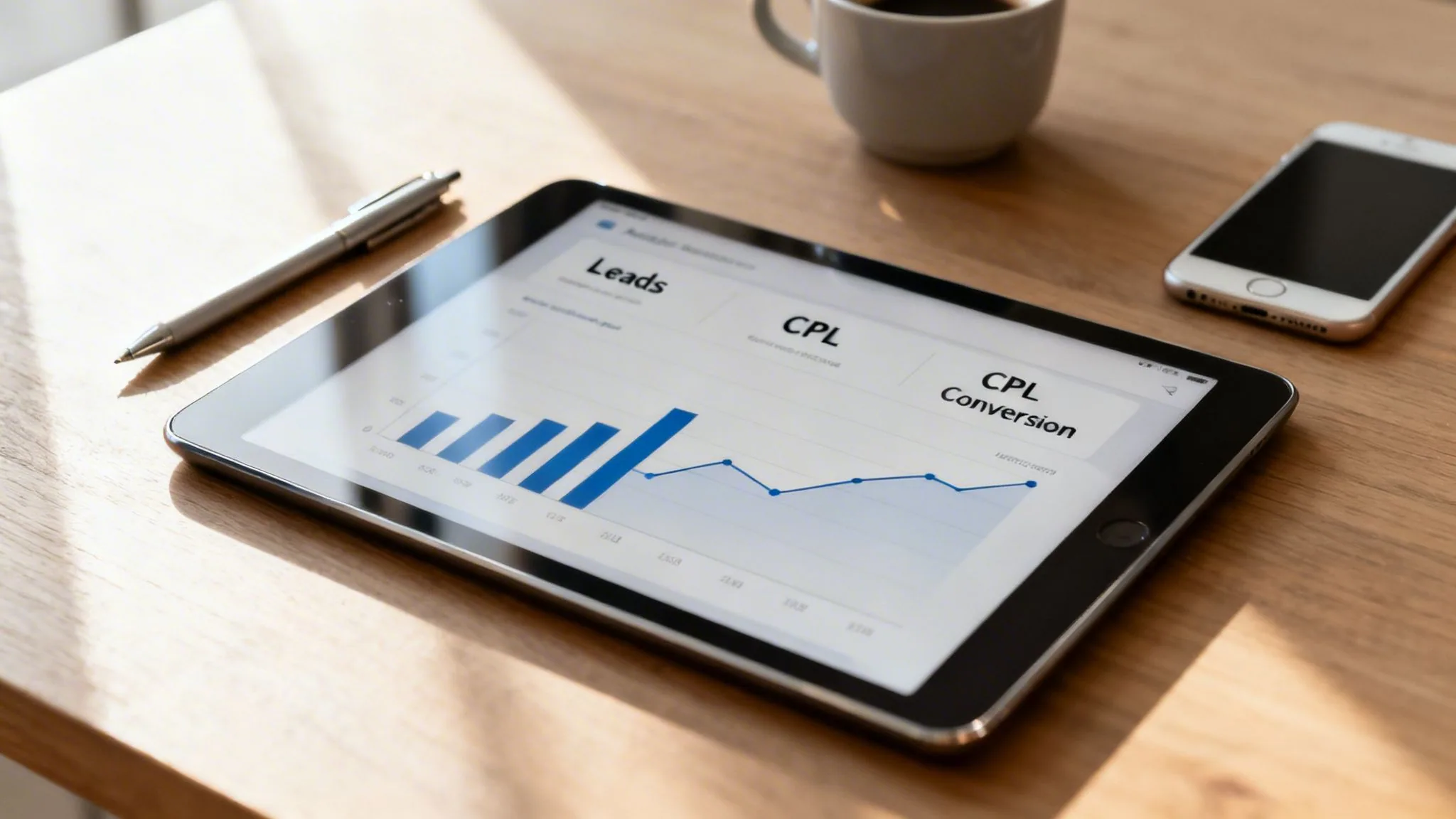 Digital tablet displaying business analytics with leads and CPL charts on a wooden desk.