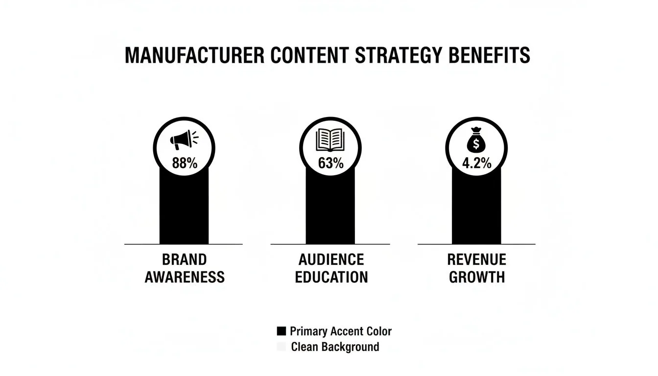 Infographic detailing manufacturer content strategy benefits: 88% brand awareness, 63% audience education, and 4.2% revenue growth.