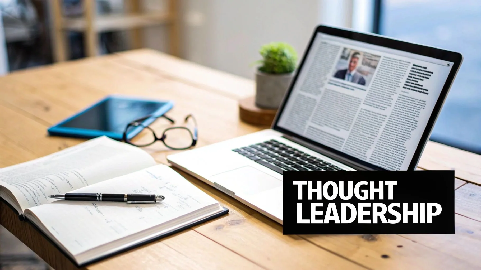 Desk with laptop displaying a news article, open notebook, and pen, representing thought leadership.