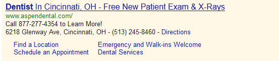 Sample AdWords Ad with Location and Sitelink Ad Extensions