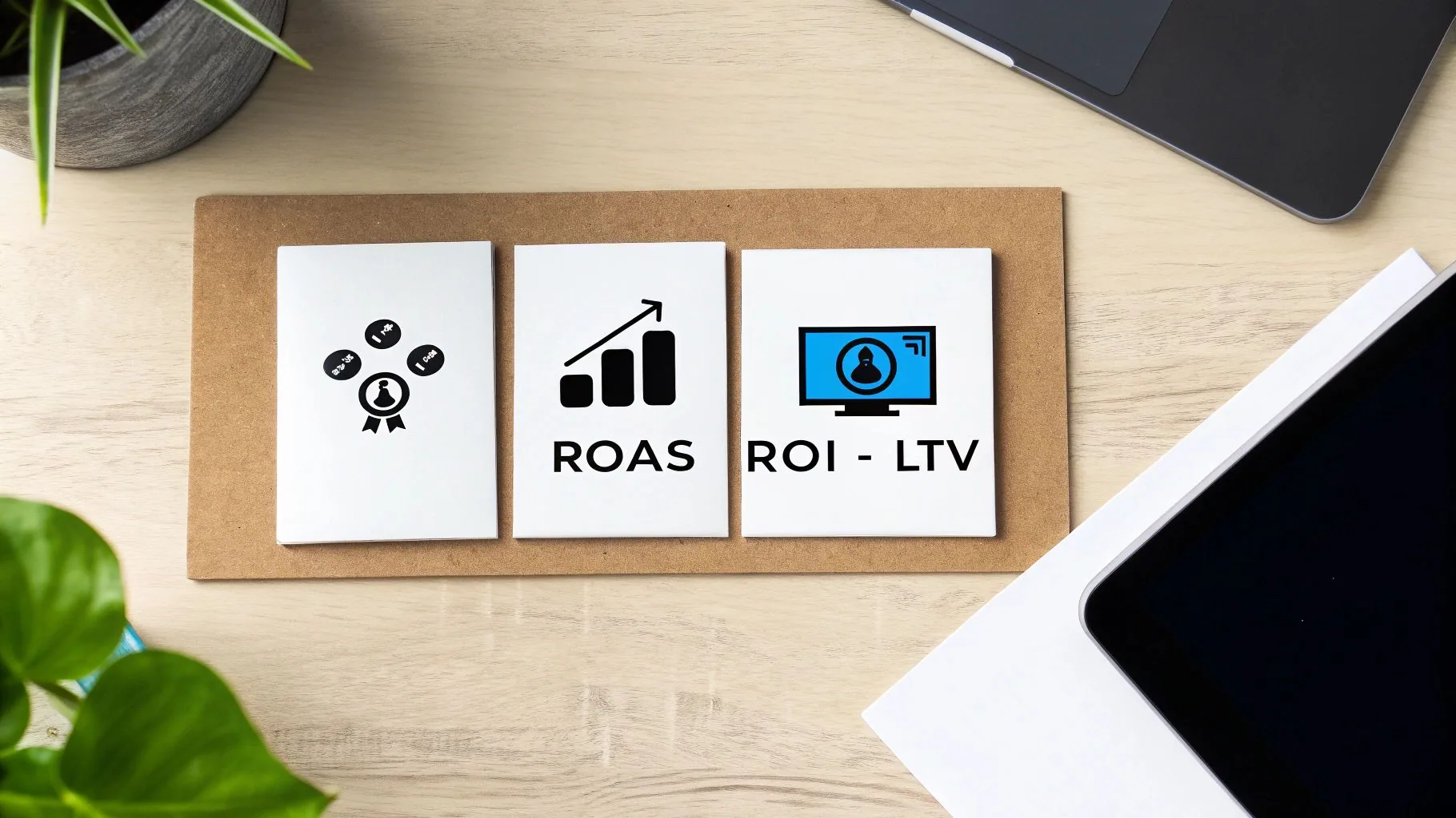 Three cards on a desk displaying key digital marketing metrics like ROAS, ROI, and LTV.