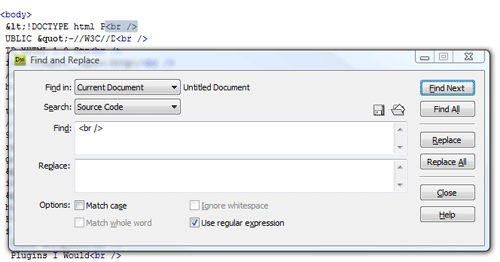 Dreamweaver search and replace to clean up line breaks