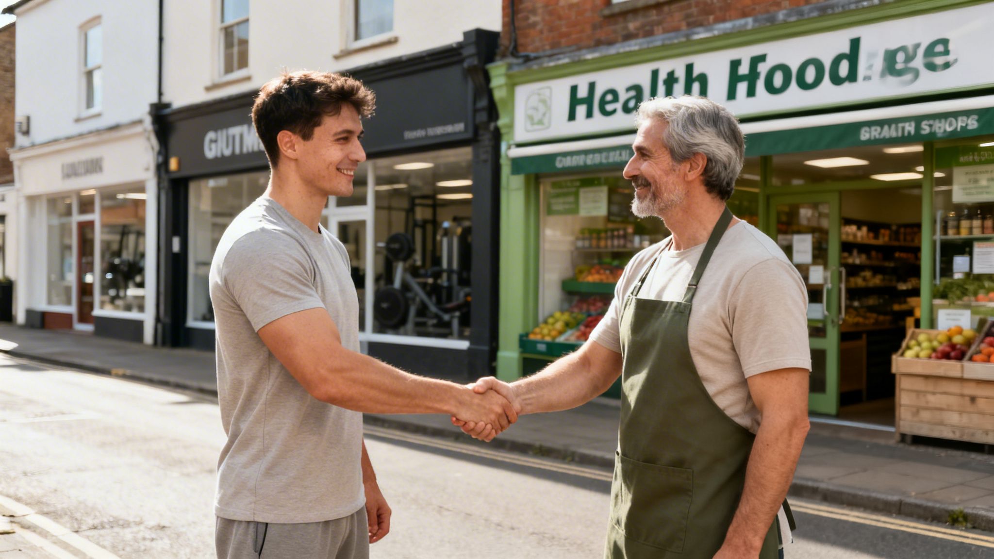 Two smiling men shake hands on a sunny street, one in a gym outfit, the other an apron, outside a health food store.