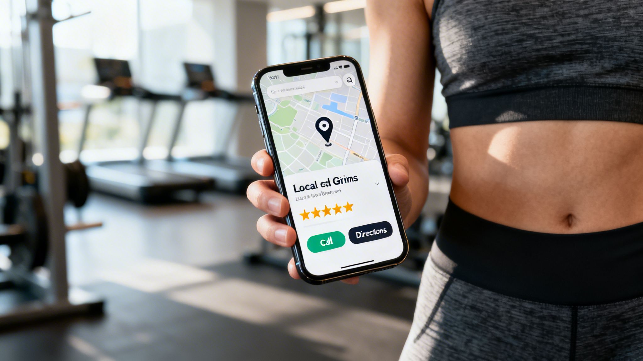 Close-up of a person holding a smartphone showing a local gym's location and rating in a gym setting.