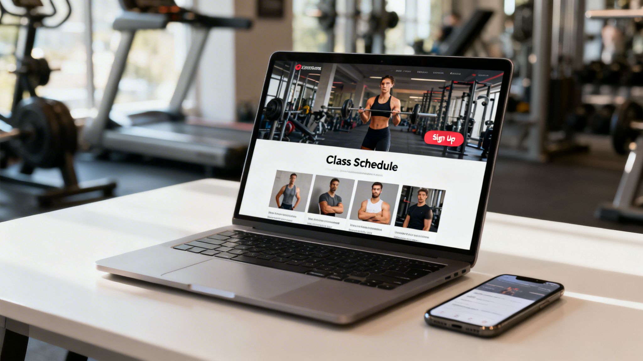 A laptop and smartphone display a fitness website and app on a white table in a gym.
